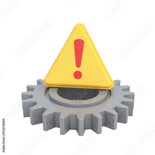 3D illustration of a warning sign on a gear.  Ideal for websites, apps, and presentations needing to convey caution, maintenance, or system alerts. Perfect for tech, industrial, and business contexts.