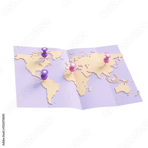 Pastel world map with pins.  Perfect for travel, location, and journey concepts. Ideal for websites, social media, and marketing materials.