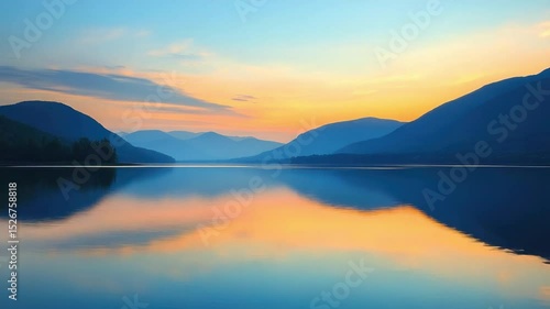 Wallpaper Mural Tranquil Sunset Reflection Over Calm Lake Surrounded by Majestic Mountains and Soft Clouds in a Serene Landscape 4k video footage Torontodigital.ca