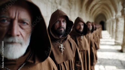 group of ancient priest in brown robe  at elegance castle passage