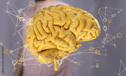 Φωτογραφία 3D golden brain model, neural network, connections, intelligence, AI, technology, futuristic, innovation, knowledge, mind, brainpower, thinking