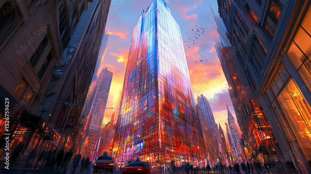 Naklejka premium Sunset Cityscape Modern Skyscraper