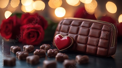 Chocolate purse, red roses, and heart-shaped chocolates on dark background with bokeh lights.