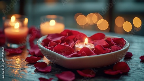 Romantic heart-shaped bowl filled with red rose petals and a lit candle, surrounded by more petals and candles.
