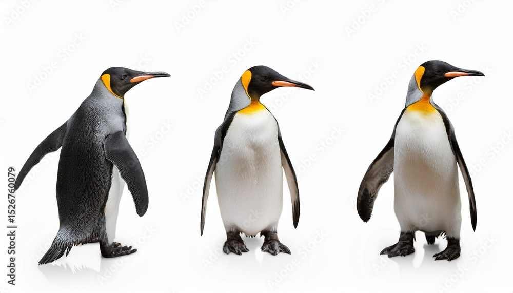 Fototapeta premium Three Majestic King Penguins Posing, Antarctic Wildlife, White Background
