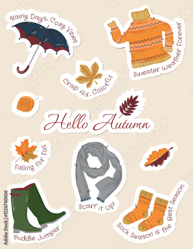 Hello autumn stickers. The set consists of warm clothes, autumn leaves and inscriptions. Flat graphics