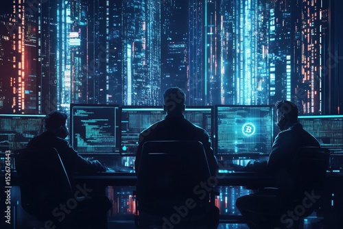 anonymous clandestine cyber people surrounded by modern technolgy with glowing data