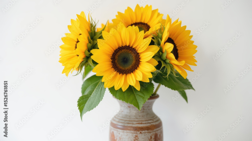 Obraz premium Bright sunflowers in rustic vase create cheerful and vibrant atmosphere, perfect for home decor or gift