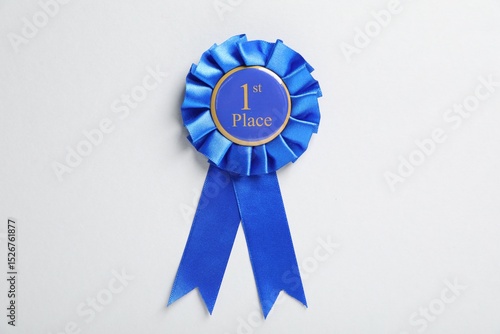 Konstfotografi Blue award ribbon on light grey background, top view