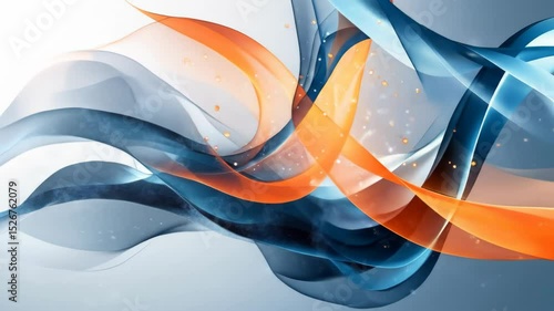 Dynamic flowing abstract ribbons in blue and orange motion with light particles