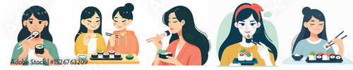 vector character woman eating sushi