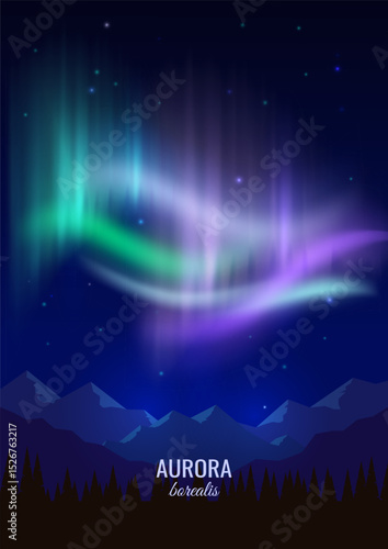 Aurora borealis in the night sky. Night scene. Realistic northern lights landscape. Vector illustration.