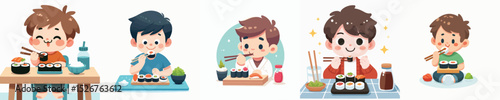 boy character vector eating sushi