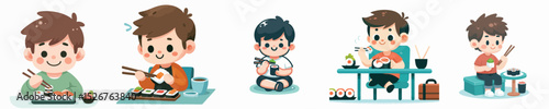 boy character vector eating sushi