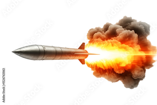 Cruise missile launching with fire and smoke isolated on transparent background