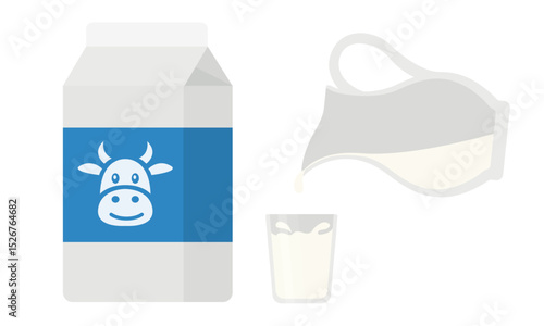 Milk carton, pitcher and glass filled with milk