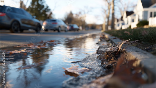 Fototapeta Naklejka Na Ścianę i Meble -  A suburban street with a flooded drain causing water to spill onto the sidewalk, puddles merging into small streams, wet fallen leaves and dirt near the drain.