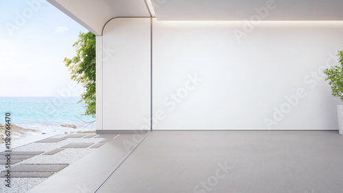 Sea view empty large living room of luxury summer beach house with terrace. Concrete floor and white wall in vacation home or holiday villa. Hotel interior 3d illustration.