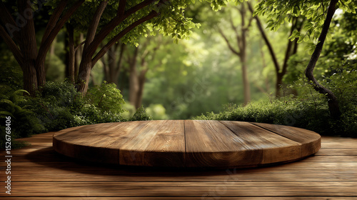 Empty round wooden stage in foreground neutral blurred background of lush green forest for product display commercial.