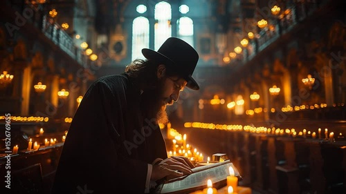 A Hasidic Jew deeply engrossed in reading a holy book amidst candlelight serenity