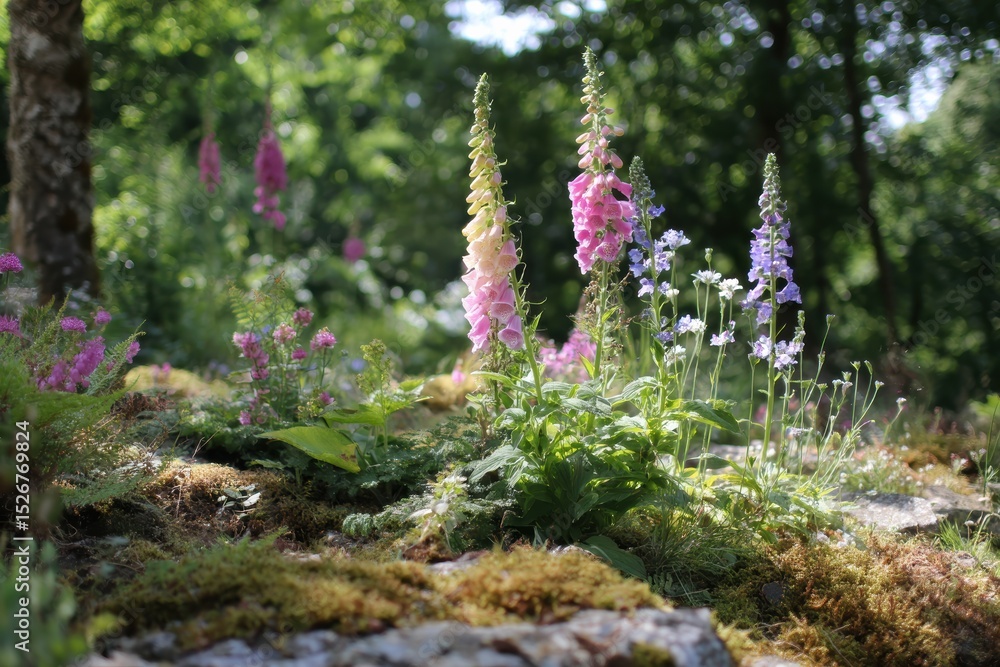 Obraz premium Vibrant Wildflowers in a Serene Forest Setting with Soft Light, Showcasing Pink and Blue Blooms Amidst Lush Greenery and Natural Textures