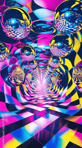 Vibrant Psychedelic Tunnel with Reflective Spheres and Neon Colors