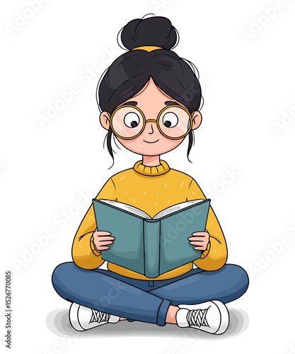 A girl sits cross-legged, engrossed in a book, wearing glasses and a yellow sweater.