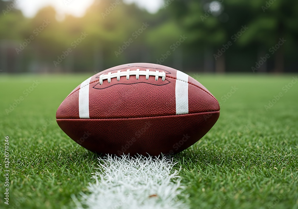 Obraz premium American football resting on green grass field, near a white line, with trees in the background.
