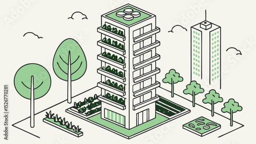 Stylized Urban Vector Design with Multi-Level Hydroponic Plants  