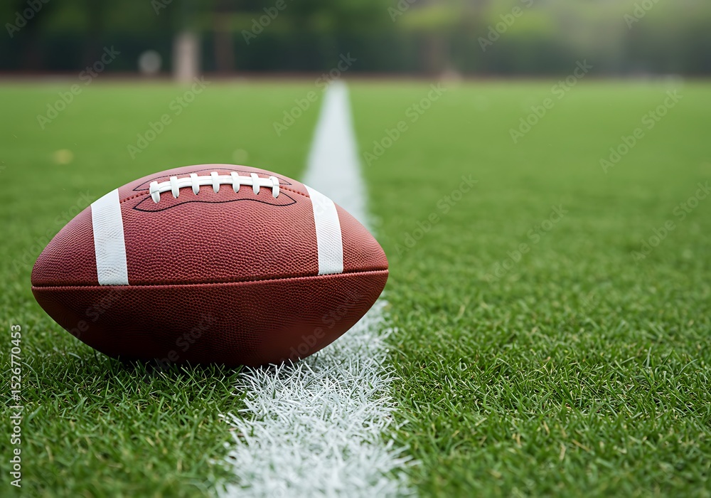 Obraz premium A football resting on a white line on a green sports field, close up.