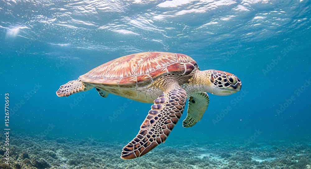 Obraz premium A captivating view underwater sea turtle gracefully glides through the ocean, evoking a sense of serenity and wonder. Witness the beauty of marine life, its intricate patterns.