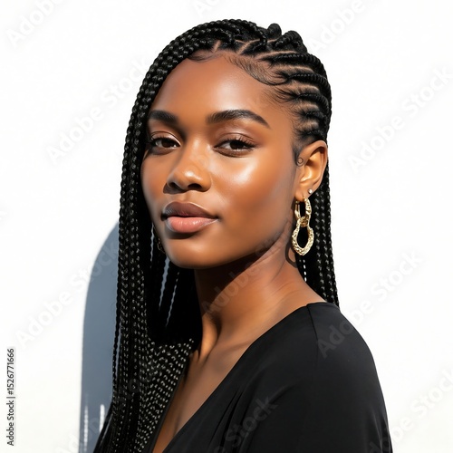 Portrait of a beautiful woman with braided hair and golden earrings posing
