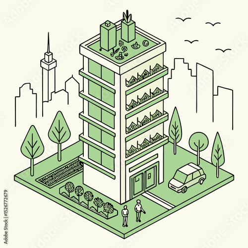 Stylized City Skyline Vector Design with Green Spaces and Vertical Farming  