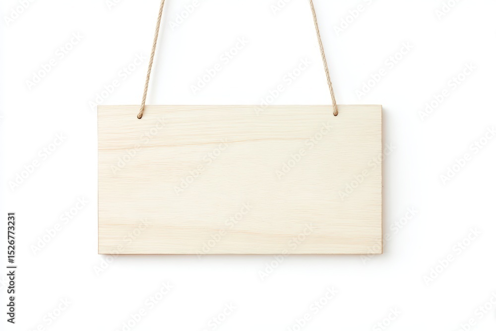 Rectangular wooden board suspended by twine for crafting or signage purposes Rectangular wooden board suspended by twine for crafting or signage purposes