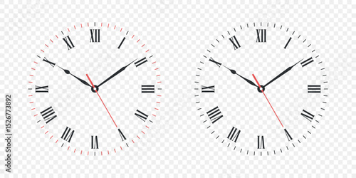 Vector Clock Face Set with Roman Numerals. Vector Clock Face Illustration with Hour, Minute and Second Hands. Isolated Classic Clock Face Design for Time Concept, Education, Decor and Watch Mockup