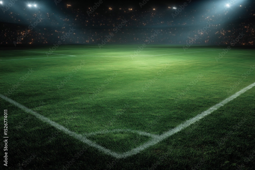 Obraz premium Night Soccer Field Green Grass White Lines Stadium Lights Background
