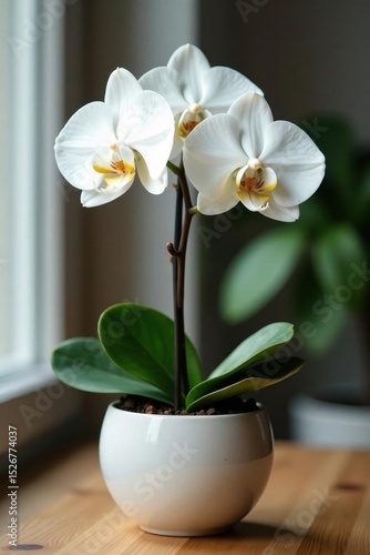 Elegant white Phalaenopsis orchid in modern ceramic pot, beauty, nature