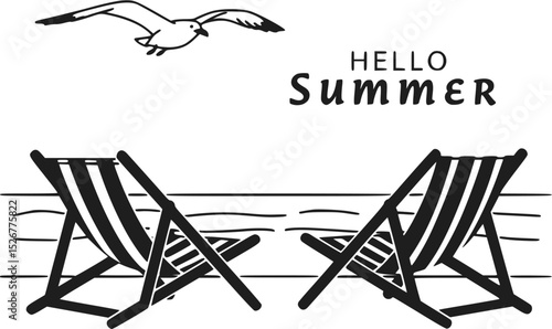 Hello Summer Graphic with Beach Chairs and Seagull