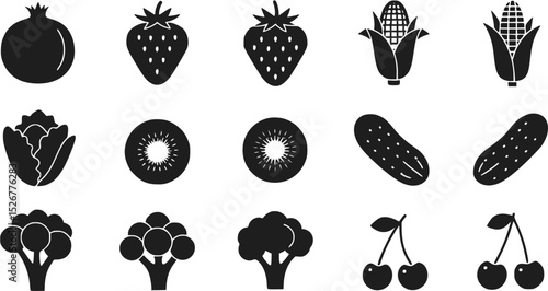 Black and White Fruit and Vegetable Icon Set