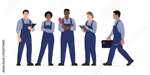 Professional plumbers and engineers standing together
