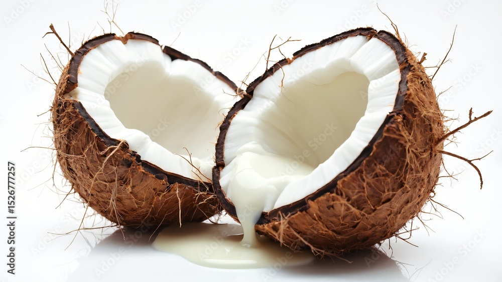 Fresh Cut Coconut Half with Creamy Milk on White Surface Fresh Cut Coconut Half with Creamy Milk on White Surface