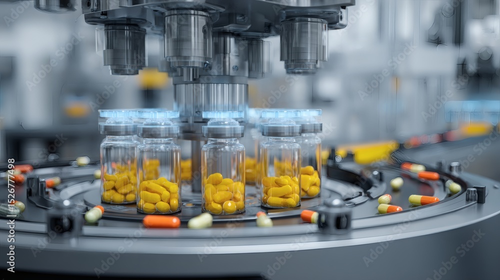 Pills are sorted and put into bottles in an automated industrial pharmaceutical manufacturing process for mass production of medicine Pills are sorted and put into bottles in an automated industrial pharmaceutical manufacturing process for mass production of medicine