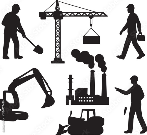 Black vector silhouette icons of construction workers and a crane illustrate building and business in the city