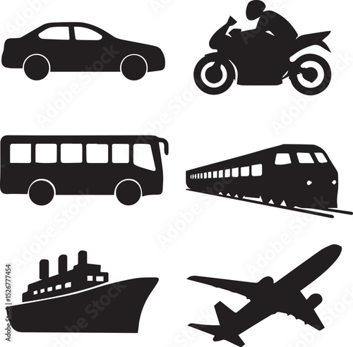A vibrant vector set of diverse transportation icons features cars, trucks, buses, trains, taxis, and vans as detailed silhouettes and cartoon illustrations