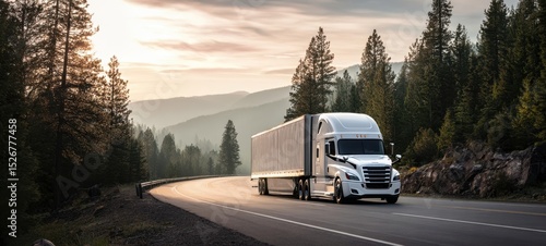 The majestic truck navigating a winding highway through a scenic forest landscape.