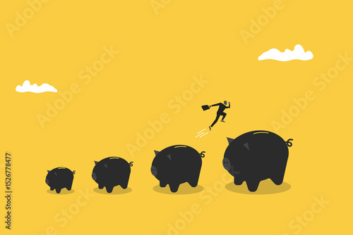 Businessman jumping on from small piggy bank to bigger profit. concept of Investment, savings growth, profit increase, making more money and collect more wealth