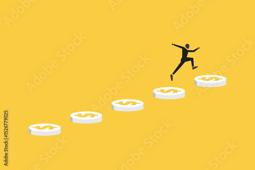 Businessman jumping on gold coins to achieve financial goal. concept of Investment, savings growth, profit increase, making more money and collect more wealth