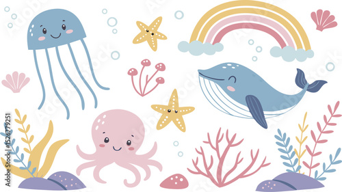Cute marina life set with fish, whales, seaweed, marina elements for your design, childish hand drawn sea elements. playful and colorful vector illustration of cute underwater sea animals in a cartoon