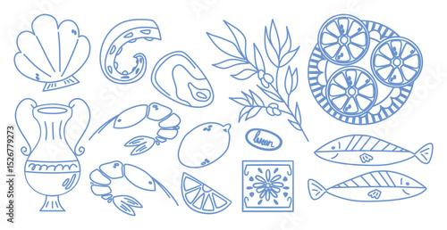 Hand drawn sketch different mediterranean food set. Italian and greece style.