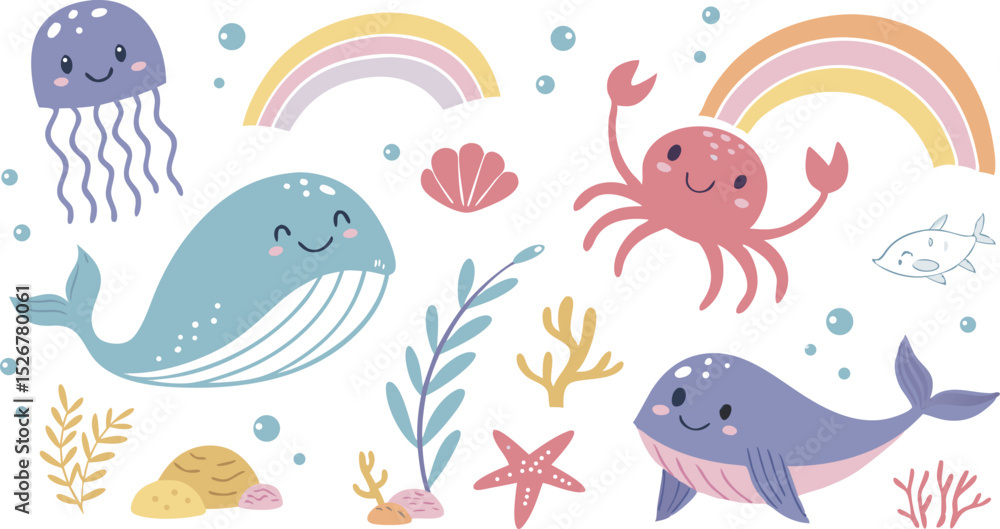 Fototapeta premium Cute marina life set with fish, whales, seaweed, marina elements for your design, childish hand drawn sea elements. playful and colorful vector illustration of cute underwater sea animals in a cartoon